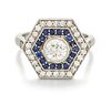 AN ART DECO STYLE PLATINUM SAPPHIRE AND DIAMOND CLUSTER RING