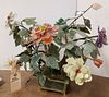 CHINESE FLORAL TREE W/LEAVES AND FLOWERS OF JADE, AGATE, QUARTZ TIGER EYE ETC IN BRONZE AND JADE PLANTER 16"H X 17"W X 14"D