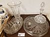 TRAY WTERFORD VASES 10"H X 6 1/2" DIAM, CUT DECANTER OVAL CUT GLASS BOWL 4 3/4"H X 9"W X 6 1/4"D AND PRESSED GLASS PEACOK TRAY 1 3/4"H X 12 1/2" DIAM
