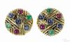 14K yellow gold, sapphire, ruby, and emerald earrings with gemstone cabochons, 1'' dia., 12.7 dwt.