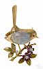 18K yellow gold, diamond, ruby, and opal bird pin with an oval opal cabochon body