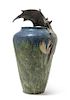 * A Freiwald Art Pottery Vase, SECOND HALF 20TH CENTURY, of ovoid form with applied bat, decorated with a moonlit landscape
