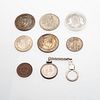 Seis monedas en plata .720 y una de cobre, un llavero con moneda de 50 cetavos en plata .720 y 925. Medalla con la Imagen de la Vi...