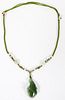 GREEN JADE FLORAL PENDANT ON WOVEN FABRIC NECKLACE