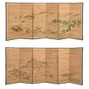 Two Japanese Six Panel Painted Folding Room Screens