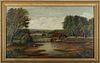 Primitive American Landscape Oil On Canvas,  19th.c., H 21'' W 36''