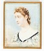 AMERICAN WATERCOLOR MINIATURE PORTRAIT 19TH C.  H 4" W 3 1/4" LADY WITH PEARLS IN HAIR 