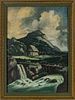 UNSIGNED OIL ON ACADEMY BOARD, C. 1920, H 20", W 14", HOUSE WITH WATERFALL 
