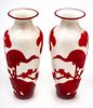 Chinese Pekin Glass  Red On White Carved Glass Vases C. 1900, H 12'' 1 Pair