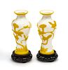 Chinese  Pekin Carved Glass Yellow On White Vases H 6'' 1 Pair