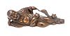 Chinese  Bronze Brush Rest, Reclining Buddha With Cat And Mouse H 0.7'' L 4''