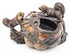 Chinese Carved Stone Bowl, Pumpkin Form, Foo Dog And Squirrel C. 1920, H 3.5'' W 5''