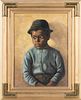 Sidney Lawrence Brackett (Massachusetts,1852-1910) Oil On Canvas,  1884, Boy With Hat, H 12'' W 9''