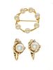 14K YELLOW GOLD  WITH PEARLS BROOCH AND CLIP EARRINGS,  