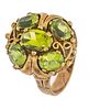 14K YELLOW GOLD RING, WITH GREEN PERIDOTS SIZE 6 1/2 