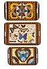 BRAZILIAN BUTTERFLY TAXIDERMY IN CARVED WOOD INLAY TEA TRAYS GROUP OF THREE, W 9.25"-11.25" L 17"-18" 