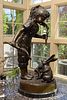Jim Davidson, Bronze Sculpture, A Young Girl Feeding Two Rabbits,, H 41'' Dia. 22''