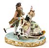 MEISSEN PORCELAIN FIGURAL GROUP, H 10", L 11", LADY ON SLEIGH 