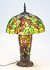 ARTS & CRAFTS STYLE LEADED GLASS LAMP, 20TH C, H 27", DIA 16" 