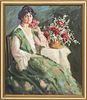 UNSIGNED OIL ON CANVAS, EARLY TO MID 20TH C., H 42", W 36", PORTRAIT OF A SEATED WOMAN WITH ROSES 