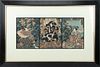 JAPANESE UKIYO-E WOODBLOCK TRIPTYCH, 19TH C, H 13", W 9" (VISIBLE), KABUKI ACTORS 
