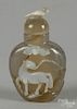 Chinese cameo agate snuff bottle, with a bird finial and horse decoration, 3'' h.