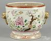Chinese famille rose porcelain cache pot, with animal mask and brass ring handles, 8 1/4'' h.