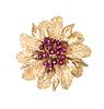 18KT YELLOW GOLD AND RUBY FLORAL BROOCH, DIA 1.5" 