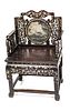 CHINESE ROSEWOOD, MARBLE & MOTHER OF PEARL INLAY CHAIR, C. 1900, H 39", W 24.5"