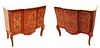 Louis XV Style Pair Of Marble Top Maquetry Inlaid Commodes, H 32.5'' W 35'' Depth 16''