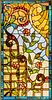 FLORAL AND SCROLLING LEAF JEWELED LEADED GLASS WINDOW, 1900 H 46", W 24" 