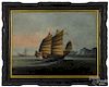 China Trade oil on canvas ship portrait of a junk, ca. 1840, 17 3/4'' x 23 1/2''.