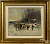 Ignaz Ellminger (Austrian 1843-1894), oil on board winter landscape, with men logging, signed