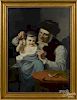 Continental oil on canvas of a man and child, 19th c., with a pocket watch, 35'' x 25''.