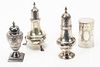 STERLING SILVER SHAKERS & SILVER PLATE CANNISTER, 4 PCS, H 3"-5.5", T.W. 9.7 TOZ 