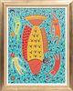 ABORIGINAL STYLE, OIL ON CANVAS, H 31", W 23", FISH WITH HUMAN FIGURES. 