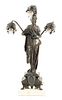 French Spelter Allegorical Figure With 3 Lights, Lamp, Marble Base, C. 1910, H 16''