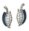 Diamond 1.cts And Sapphire Leaf Shape Platinum Earrings