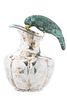 Los Castillo (Taxco, Mexico) Hammered Silverplate Pitcher With Parrot-form Malachite And Hardstone Handle, C. 1950s, H 11'' Dia. 7''