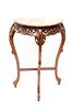 ASIAN CARVED WOOD MARBLE TOP DEMI LUNE CONSOLE, H 39" W 21" D 11.5" 
