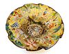 Spanish/Portuguese Enamel With Gilt Trim Amber Glass Bowl, Medieval Motifs, H 4.5'' Dia. 11''