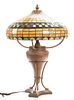 Arts And Crafts Caramel Slag And Stained Glass Table Lamp, 20th C., H 26'' Dia. 18''