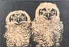 Woodblock Print On Wove Paper Owls,