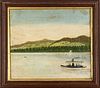 American Folk Art Oil On Canvas, C. 19th C, H 14.5'' W 17'' River Steamboat