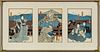 Japanese Woodblock Prints On Paper, Triptych,  1850, Kabuki Actors, H 14'' W 9.5''