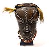 AFRICAN CARVED WOOD WITH FIBER, BEADS, HAIR, COWRIE SHELLS AND COPPER,  MASK, H 14", W 9", D 11"
