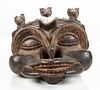 African Triple Horn Carved Wood Face Mask H 16'' W 12''