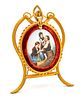 German Painting On Porcelain, Metal Frame C. 1900, H 4.5'' W 3.2'' Scene With Three Children