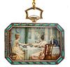 French Miniature Watercolor Scene, Figures In Diningroom C. 19th.c., H 1.7'' W 2.7'' Silver And Enamel Frame