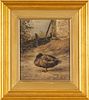 Carl Jutz ((German 1838-16)) Oil On Canvas On Cradled Wood Panel, Duck In Landscape, H 8'' W 10.5''